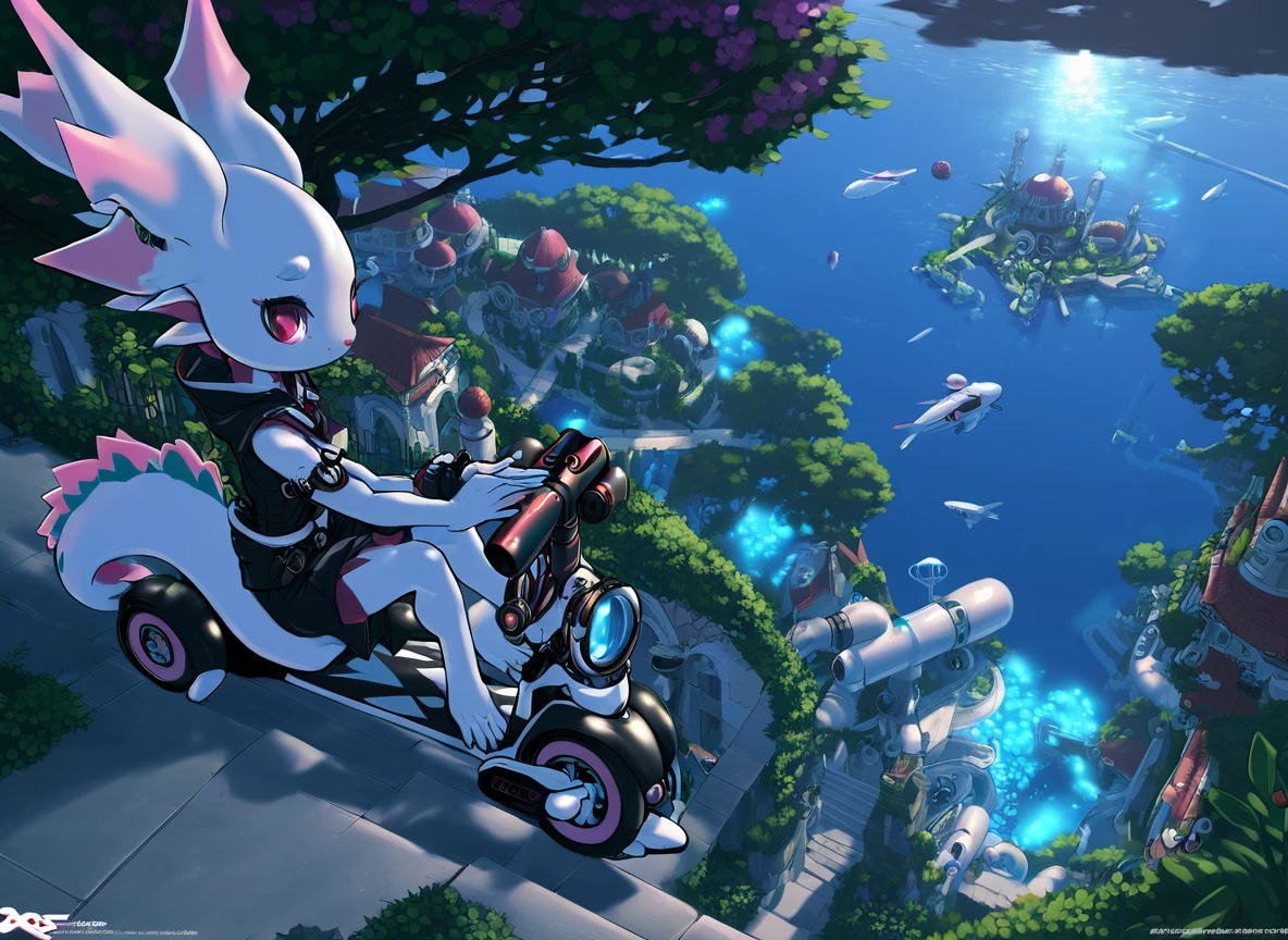 tysontan, aquatic, atlantis, night, purple pink axolotl, future, underwater, metropolis, buildings, cybernetic technology, a very cute lavender axolotl, long tail, vivid orange eyes, high-angle view, hillside, oasis series, outside, perspective, riding a scooter, seaside, silhouette, solo focus, stairs, tail, vehicle, tesla, steampunk, ultra-hd-details, official art, setting crimson sun <lora:tysontan-000100:1>