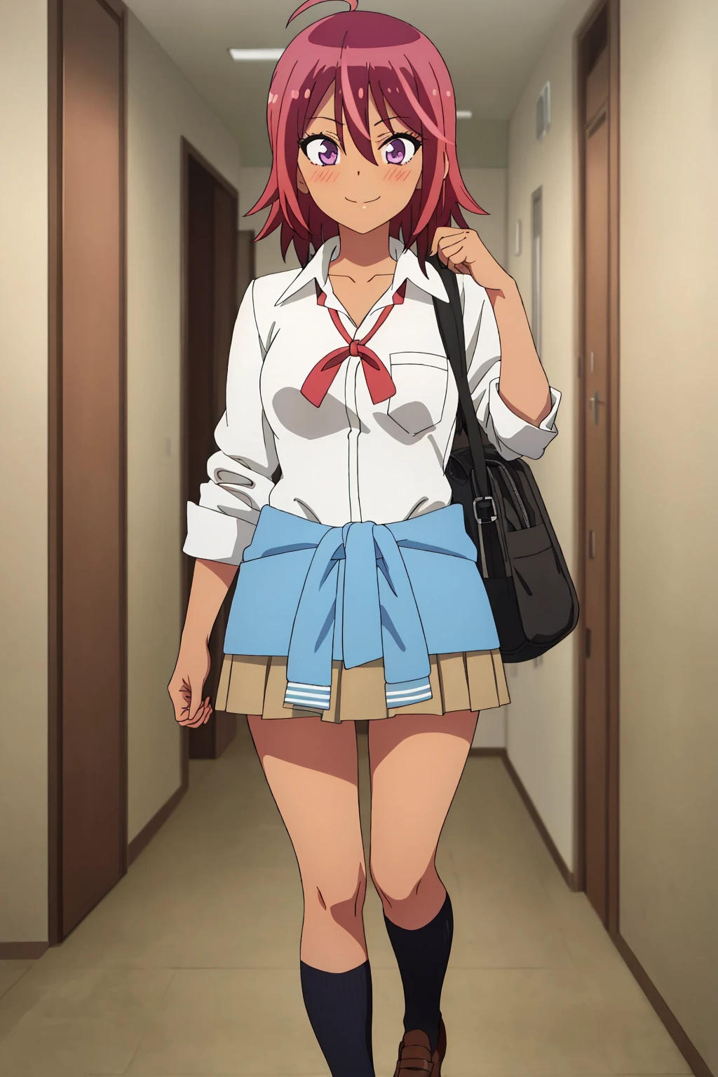 ((best quality)),((highly detailed)),masterpiece,absurdres,detailed face,beautiful face,(detailed eyes, deep eyes),1girl,((dynamic pose)) , <lora:UrukaV1:0.7>,Uruka, pink hair, clothes around waist, school uniform, smile, skirt, dark skin, dark-skinned female, purple eyes, bag, sweater around waist, short hair, solo focus, looking at viewer, shirt, sleeves rolled up, jacket, long hair, blush, black hair, breasts, white shirt, shoulder bag, indoors, ribbon, tan, hair between eyes, collarbone, bow, shoes