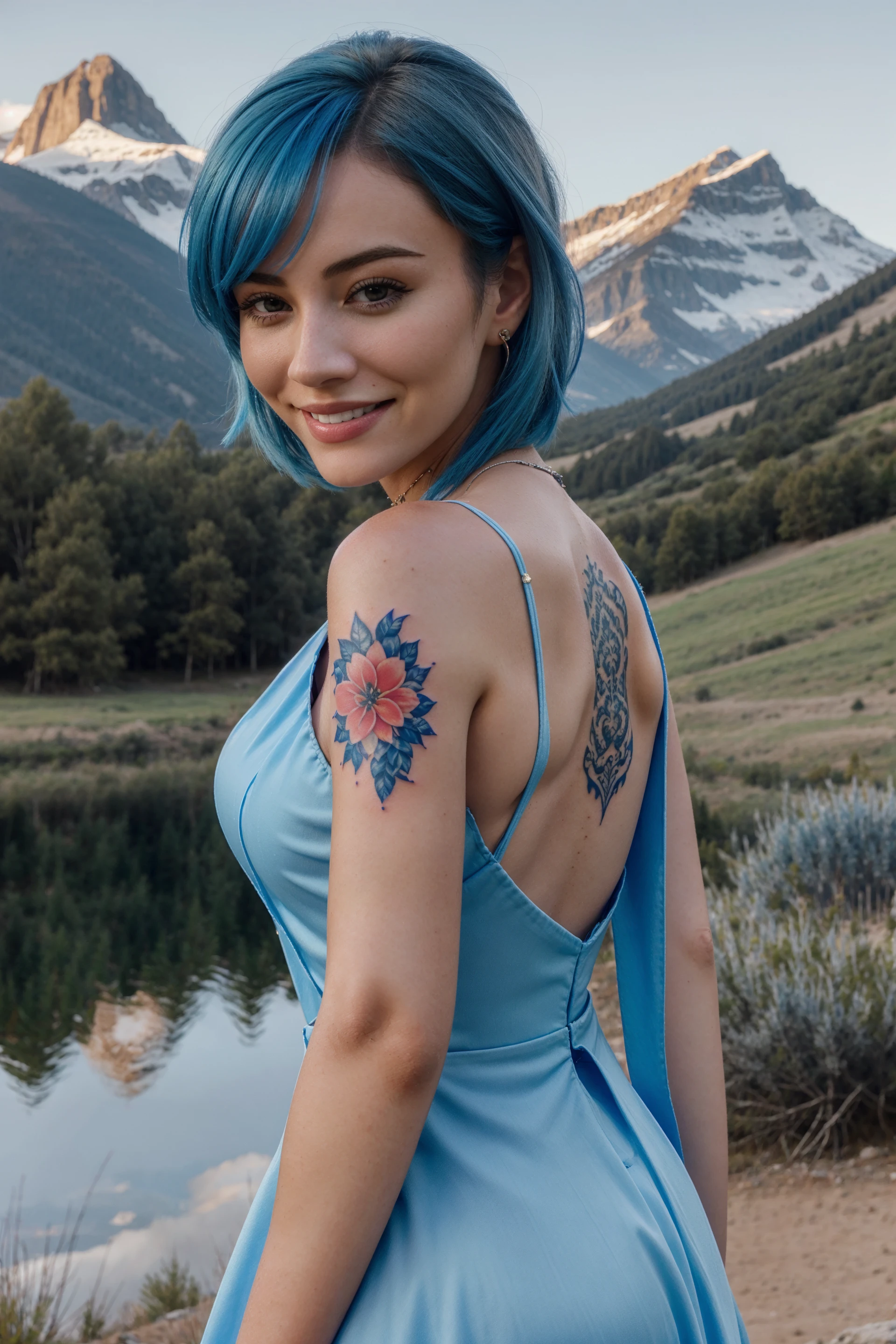 portrait of , blue hair, smiling, realistic, 8k, masterpiece, stunning,tattoo, long red delicate dress, mountain in background <lora:bbhollyyv3:1> bbhollyy woman