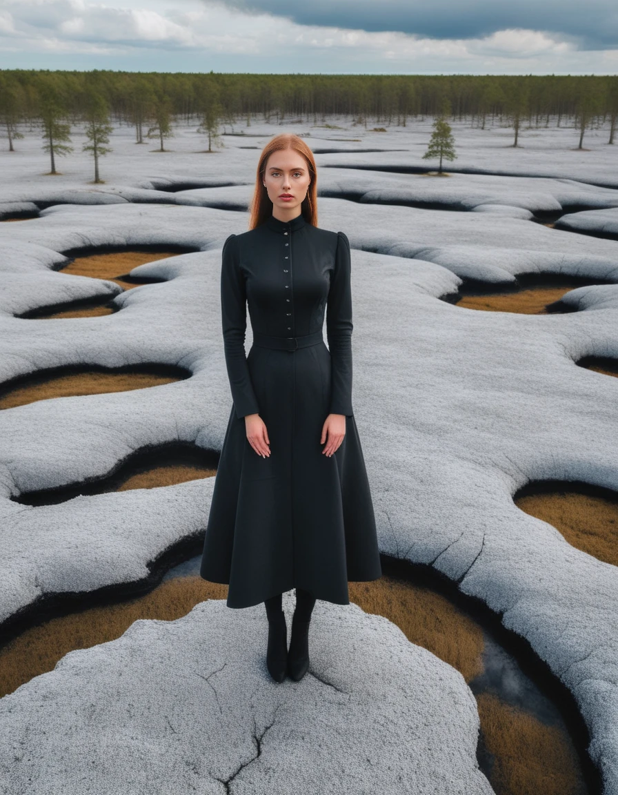 <lora:barbiefy:1.0> Estonia,  a young beautiful woman at a peculiar landscape