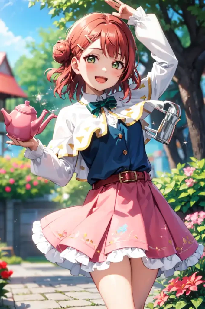 LLayumu, looking at viewer, smile, open mouth, skirt, shirt, hair ornament, long sleeves, holding, green eyes, white shirt, braid, flower, :d, outdoors, sky, day, hairclip, puffy sleeves, belt, blunt bangs, hair bun, orange hair, blurry, arm up, tree, cup, blue sky, cosplay, sparkle, capelet, depth of field, blurry background, parody, single hair bun, pink skirt, hairpin, single side bun, teapot, watering can, garden