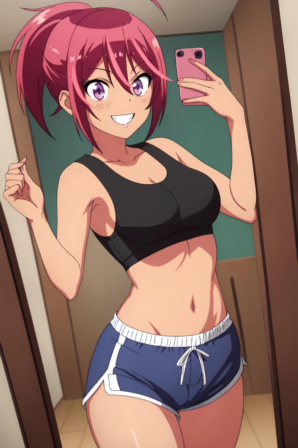 ((best quality)),((highly detailed)),masterpiece,absurdres,detailed face,beautiful face,(detailed eyes, deep eyes),1girl,((dynamic pose)) ,  <lora:UrukaV1:0.7>,Uruka, pink hair, solo, purple eyes,dark skin, ahoge, short hair, ponytail, short ponytail, tone-piece tan, grin, teeth, medium breasts,tank top, indoors , dolphin shorts, <lora:dolphin_shorts_v0.1:0.5>, <lora:MirrorSelfieLora:0.8>, anime, mirror selfie, holding phone