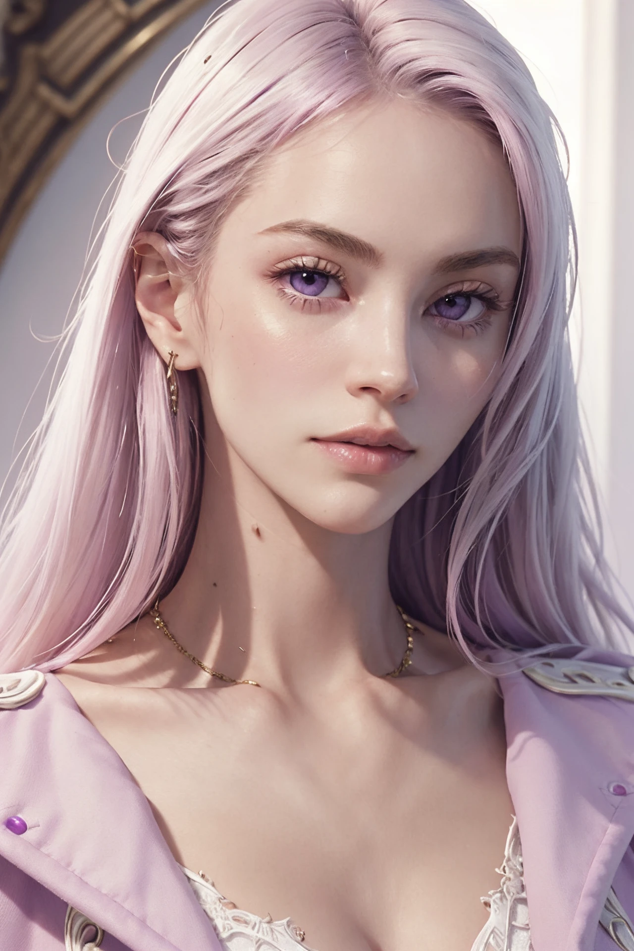 (masterpiece, best quality), intricate details, thin, ((slim)), beautiful girl, Light pink hair, white skin, light purple eyes, sharp jawline, cropped jacket, messy hair, lips, upper body, close up, smirk <lora:bbhollyyv3:1> bbhollyy