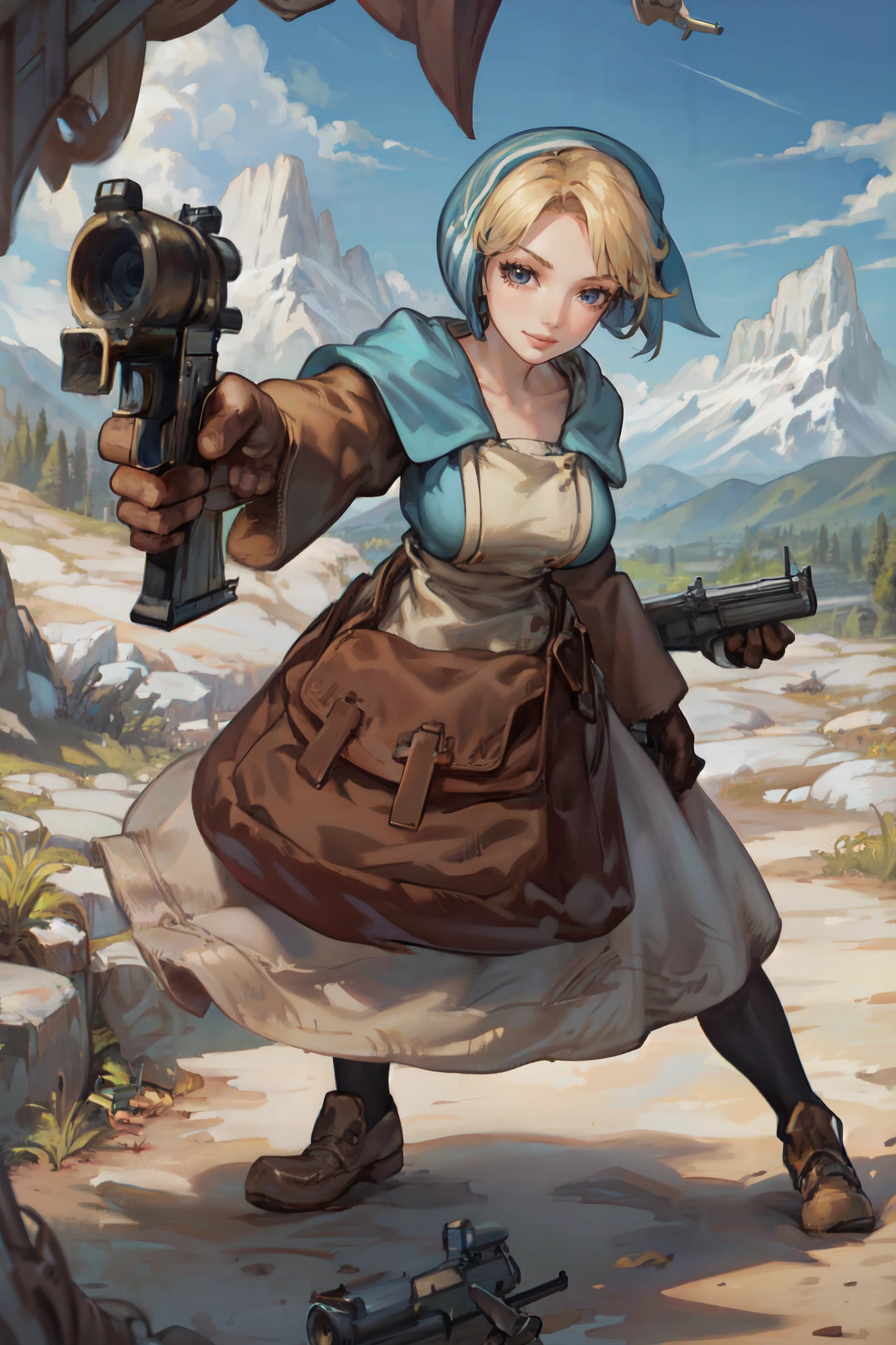 (masterpiece, best quality, ultra detailed, beautiful illustration), atmospheric perspective, depth of field, looking at viewer, beautiful detailed eyes, anime eyes:1.4, (full body), fighting stance, dynamic angle, (outdoors, mountains), 1girl, sexy smile, (huge breasts), <lora:FinalFantasy_FemaleChemist:1>, ChemistFFT, short hair, blonde hair, brown eyes, blue head scarf, blue dress, long sleeves, apron, bag, gloves, boots, (holding gun, antique pistol:1.6, steampunk:1.5, flintlock:1.4), (aiming:1.4),