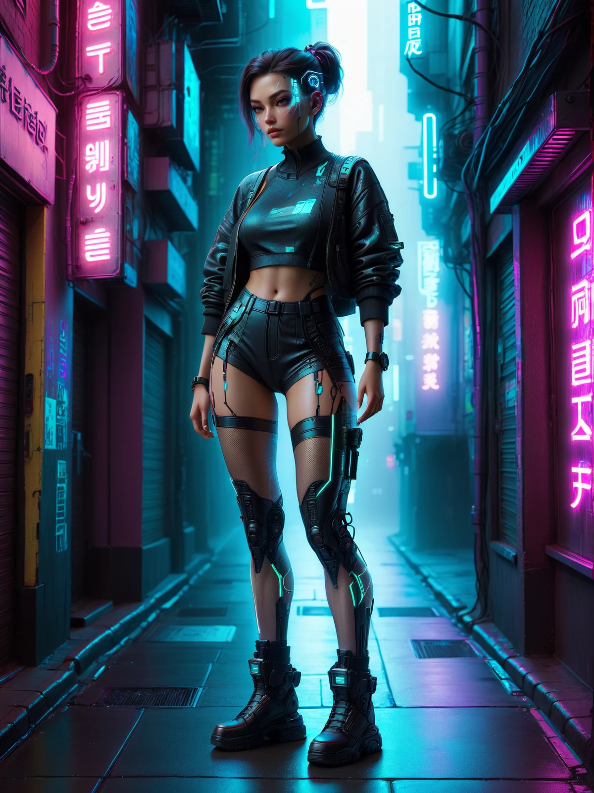 Chun-Li from Street Fighter reimagined in a cyberpunk universe, wearing a futuristic, neon-lit outfit with holographic accessories, standing in a rain-soaked alleyway with towering skyscrapers and neon signs in the background, her fierce expression and determined stance emphasized by the glowing circuitry on her attire, cybernetic enhancements visible on her limbs, vibrant colors, dark and moody atmosphere, high-detail, 8k resolution