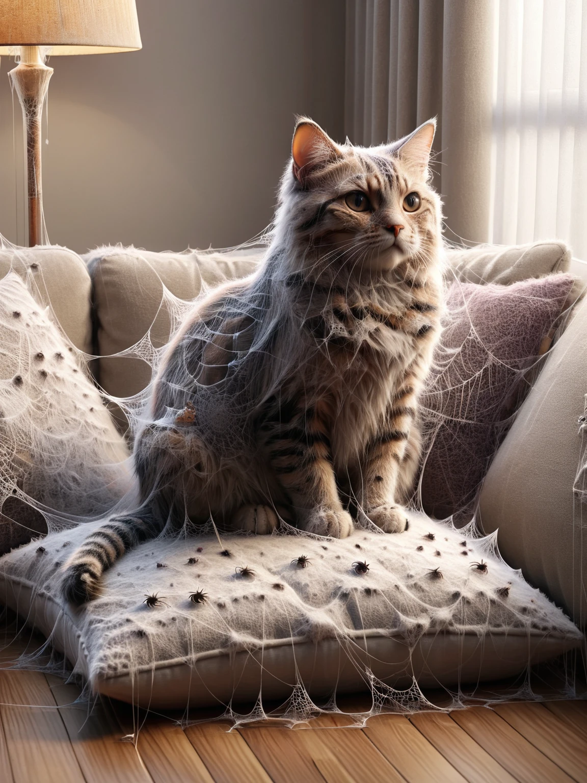 ais-webz cat, sitting on a fluffy cushion, in a living room <lora:Cobweb_Style_SDXL:1>