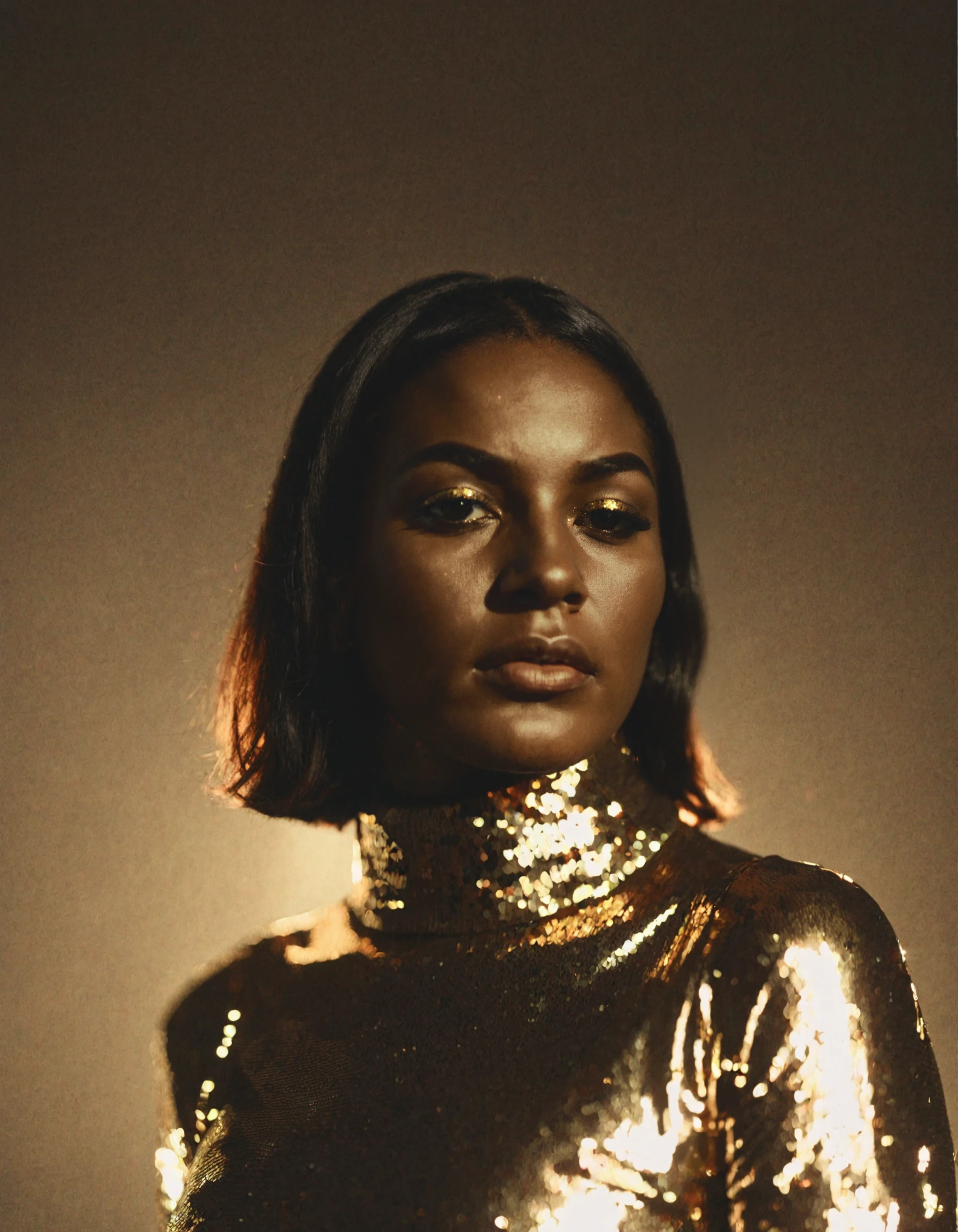 ftsy-gld, a character photo portrait of a Barbadian woman with brunette hair Wearing a modern, cut-out turtleneck sweater with a sequined midi skirt., unsplash, light and space, dramatic light on face, realistic face moody lighting, light falling on face
