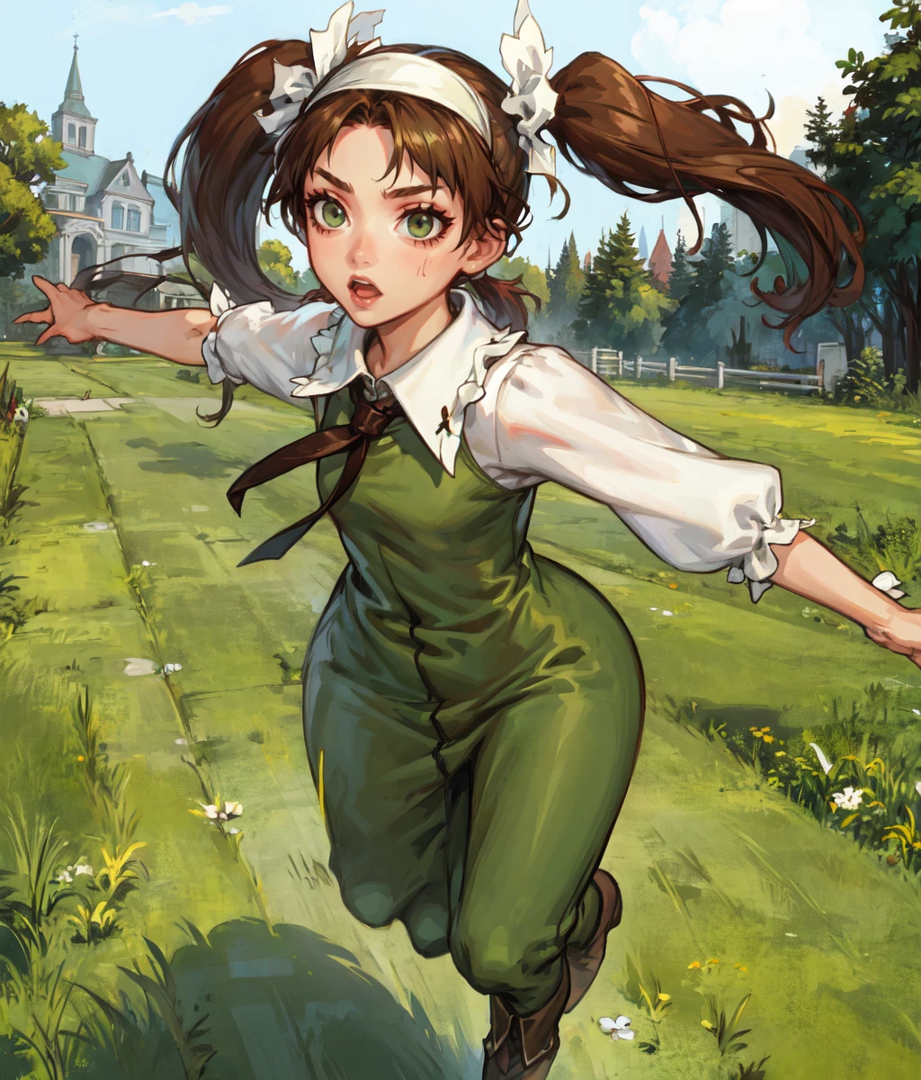 masterpiece, high res, detailed face, detailed eyes, anime screencap, 1 girl, slender, little girl,  zombie chase. seen from afar. running away., brown hair. grey eyes, long hair, green dress, white collar, white sleeves, pigtails, forehead, headress. outdoors, full body, <lora:Lily:1>