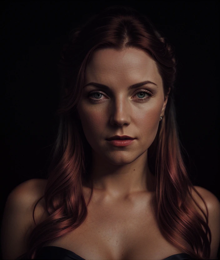 l4cr3z1, photo of seductive, a beautiful woman, perfect hair, closeup portrait, ((plain Cetacean black background gradient:1.2)), 24mm, (analog, cinematic, film grain:1.3), detailed eyes, jewelry, (seductive pose), (epicPhoto), (looking at viewer), (cinematic shot:1.3)