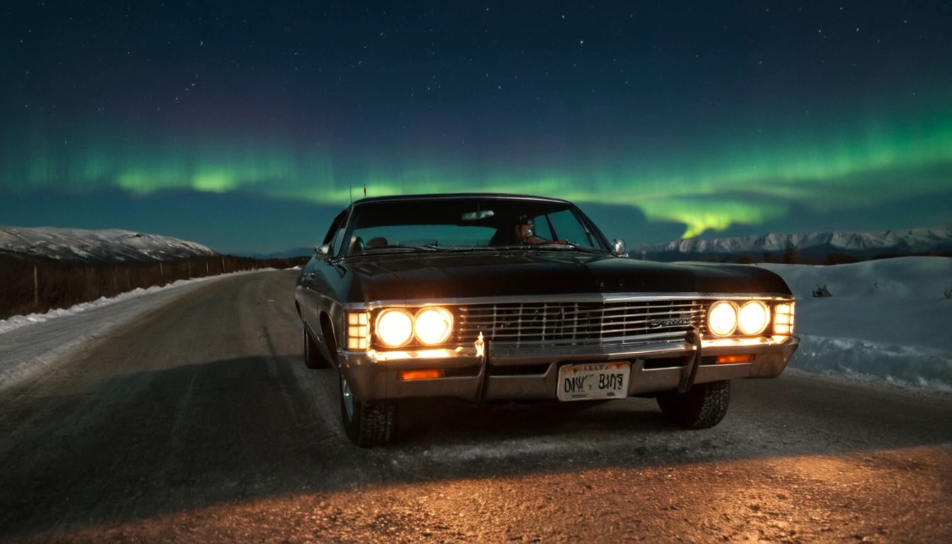 <lora:B4EA3762BD:0.5> a Chevrolet Impala 1967 car driving at night on a mountain road, aurora borealis, snow, reflective, closeup shot