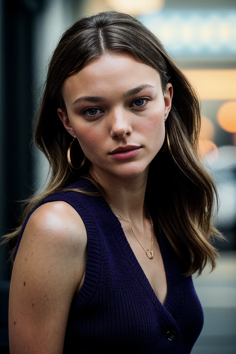 photo of (ana1sgarn1er-135:0.99), a beautiful woman, perfect hair upsweep updo, (modern photo, Advent Purple Fringe knit vest), closeup portrait, 85mm, (analog, cinematic, film grain:1.3), (court:1.2), detailed eyes, (seductive pose), earrings, makeup, (epicPhoto), (looking at viewer), (cinematic shot:1.3)