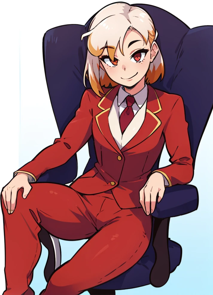 1girl, suit, pantsuit, sfw, fully_clothed, smile, simple_background, full_body, solo, gradient_eyes, smile, sitting, chair,
<lora:homebrew_dashi3full-000006:0.7>,