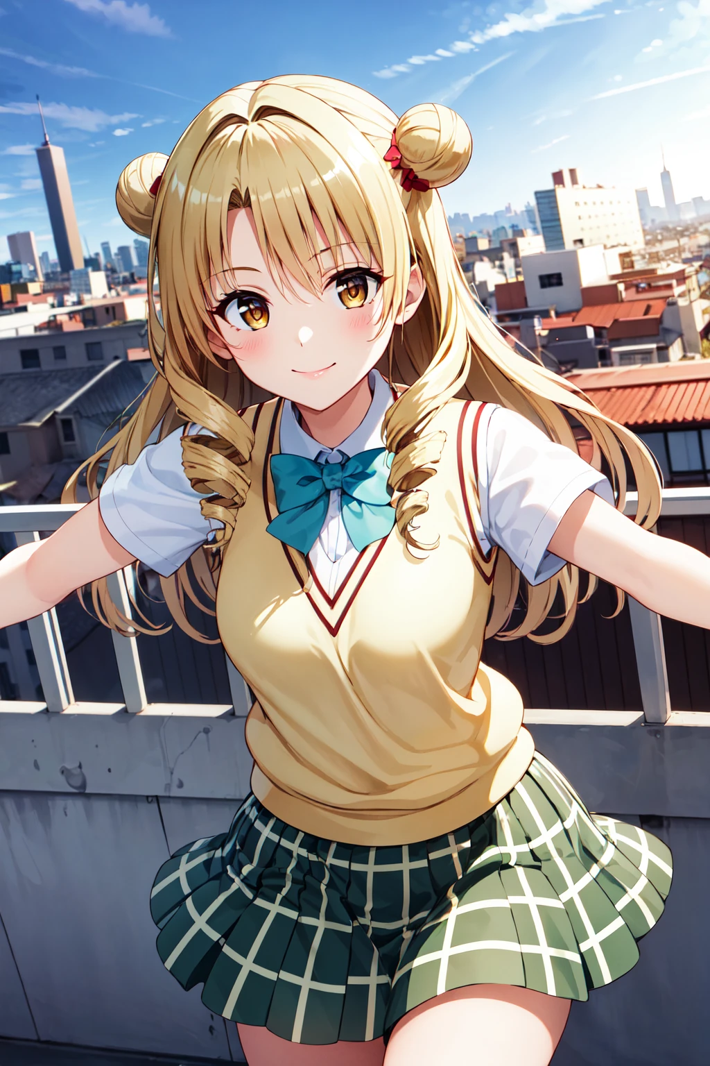 masterpiece, best quality, highres, 1girl, solo, long hair, blonde hair, double bun, drill hair, brown eyes, school uniform, green bowtie, white shirt, sweater vest, yellow vest, short sleeves, plaid skirt, green skirt, <lora:tenjouin_saki_v1:0.7>, outstretched arms, rooftop, smile, blue sky, building, city