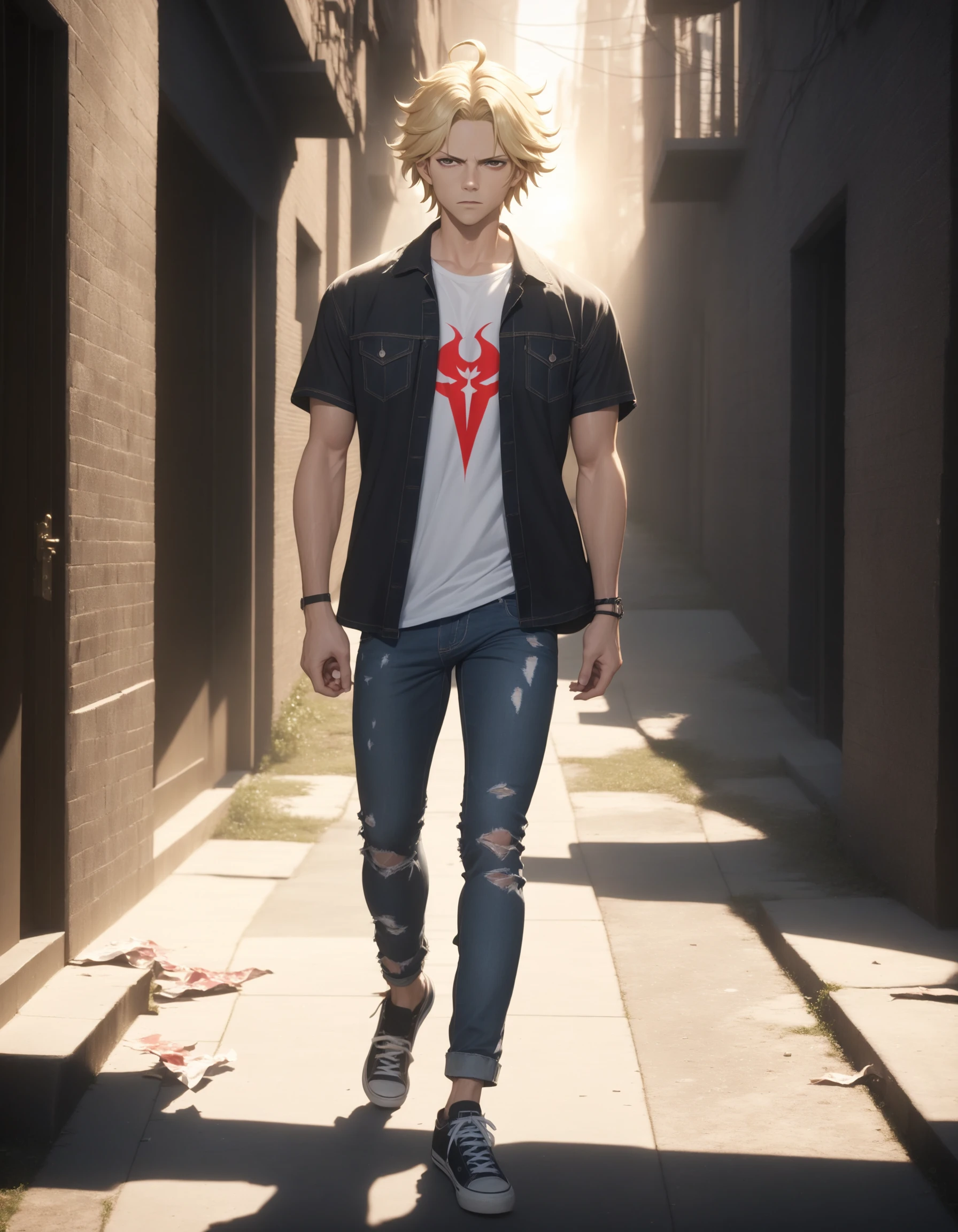 1boy, (supernatural), mark pelligrino as lucifer, blonde hair, torn clothes, tshirt, denim pants, dad vibes, snarky demonic look, male focus, solo, extreme light and shadow, specular highlights, lucifer from supernatural, flying, outdoors, full body, cinematic lighting, cinematic angle, masterpiece, best quality