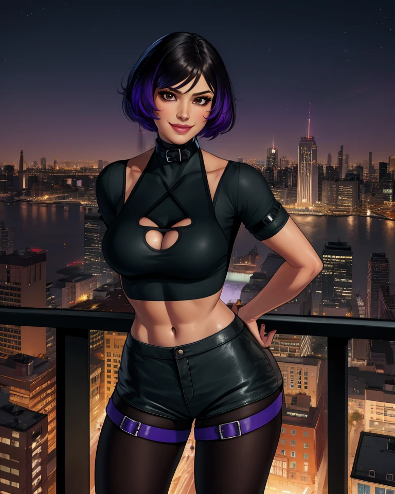 Reina,black and purple hair,brown eyes,smile,
collar,black crop top,navel,toned,short sleeves,shorts,pantyhose,arms behind back,
night,cityscape,
(insanely detailed, masterpiece, best quality),<lora:Reina:0.8>,