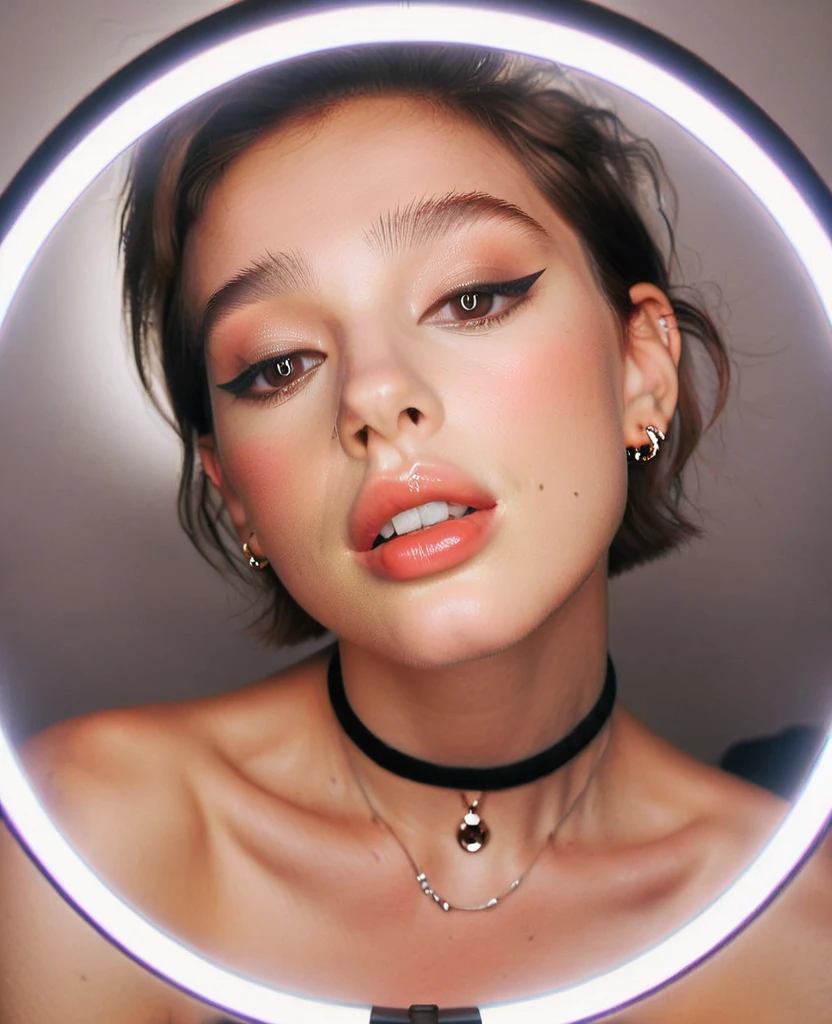 (masterpiece, best quality:1.2), intricate details, centered, selfie, ring light reflection, (light reflection in eye), round light, led light, pretty face, ringlightselfie, 1girl,solo,looking at viewer,brown hair, pixie cut, bare shoulders, earrings,choker,necklace,lips,makeup,portrait, realistic, skin pores, mole, smile <lora:RinglightselfieSDXL:1>
