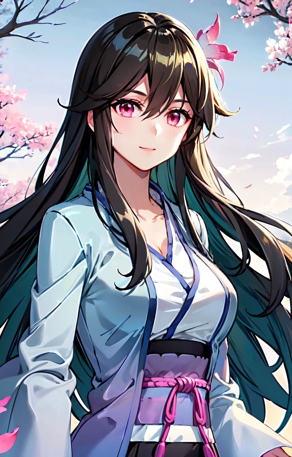<lora:yaoyao:0.8>, 1girl, solo, black hair, long hair, bangs, pink eyes, large breasts, hanfu, bracer, hair ornament, facing viewer, upper body, smile,