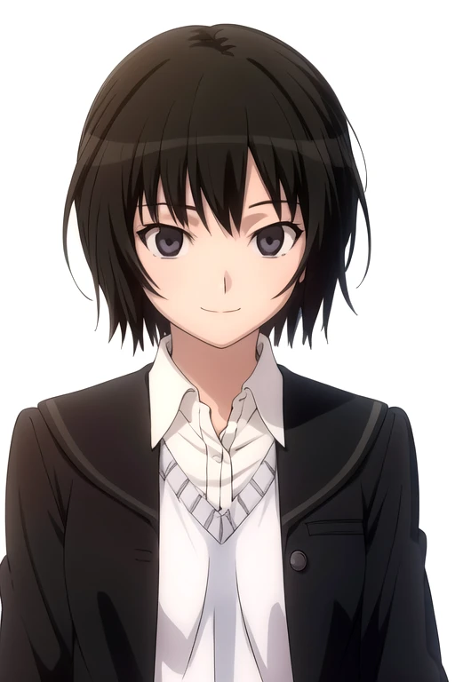 solo, 1girl, looking at viewer, 2D, anime, anime coloring, upper body, (solid white background:1.3), <lora:ai-amagami:0.8>, ai nanasaki, kibito high school uniform, black jacket, looking at viewer, smile
