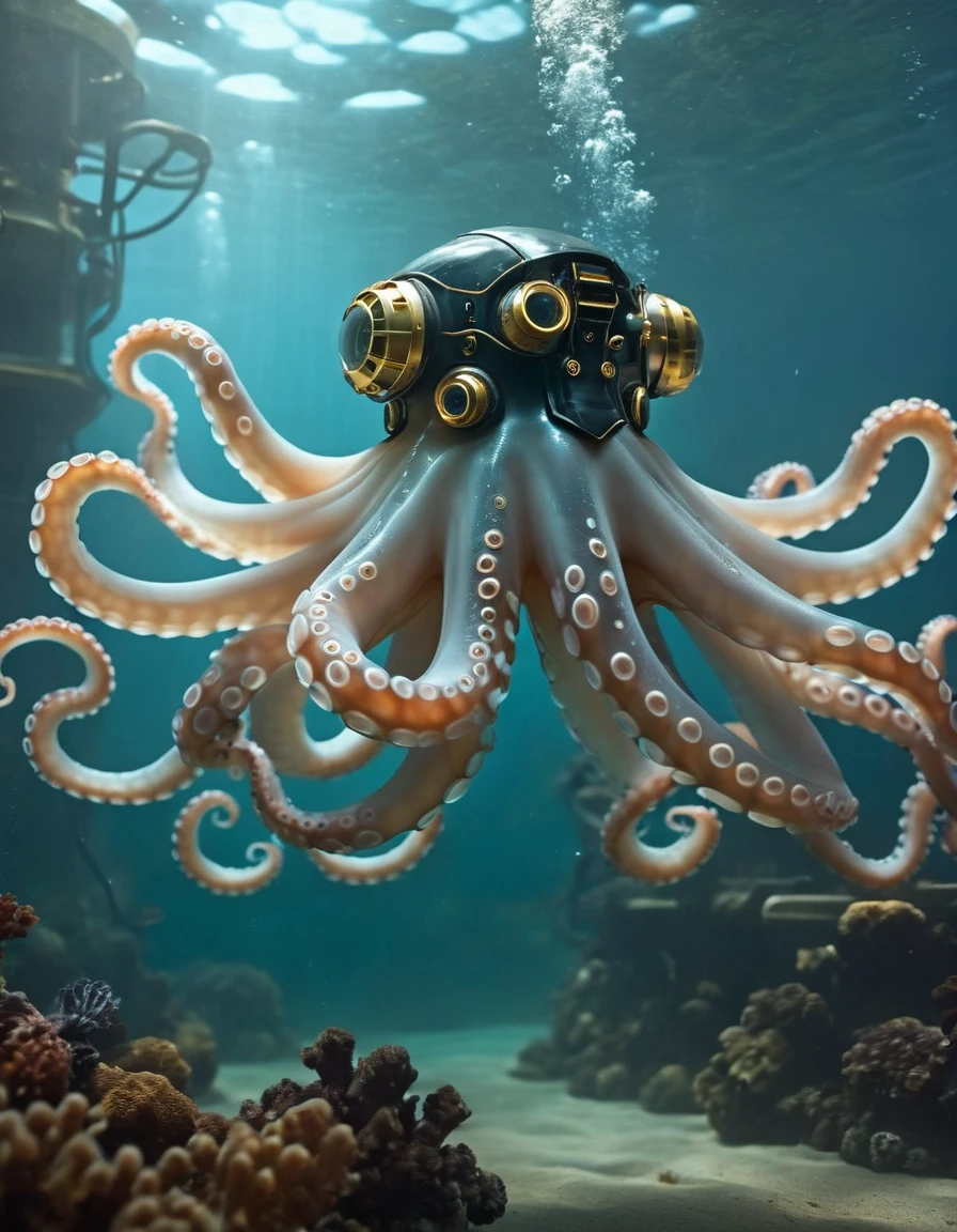 cinematic film still cinematic still fflix_mythcyber, no humans, tentacles, underwater, octopus, science fiction, air bubble, non-humanoid robot . emotional, harmonious, vignette, highly detailed, high budget, bokeh, cinemascope, moody, epic, gorgeous, film grain, grainy", "fflix_mythcyber, no humans, tentacles, underwater, octopus, science fiction, air bubble, non-humanoid robot, extremely detailed digital painting, in the style of fenghua zhong and ruan jia and jeremy lipking and peter mohrbacher, mystical colors, rim light, beautiful lighting, 8 k, stunning scene, raytracing, octane, trending on artstation
<lora:fflix_mythcyber-000006:1>, , <lora:FILM_PHOTOGRAPHY_STYLE:0.25> . shallow depth of field, vignette, highly detailed, high budget, bokeh, cinemascope, moody, epic, gorgeous, film grain, grainy