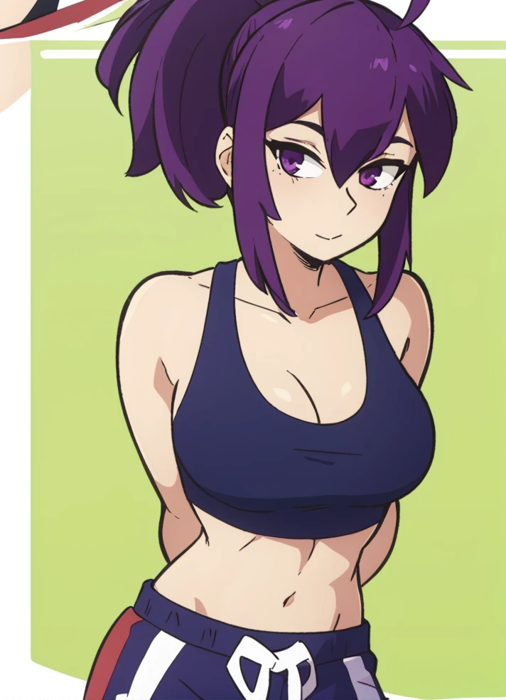 girl, standing, sports bra, side stripe shorts, large_breasts, purple_hair, shiny_skin, arms_behind_back, solo, simple_background, looking_at_viewer, from_front, straight_on, <lora:YuzurihaV1:0.5>,
<lora:homebrew_dashi3full-000006:0.8>,