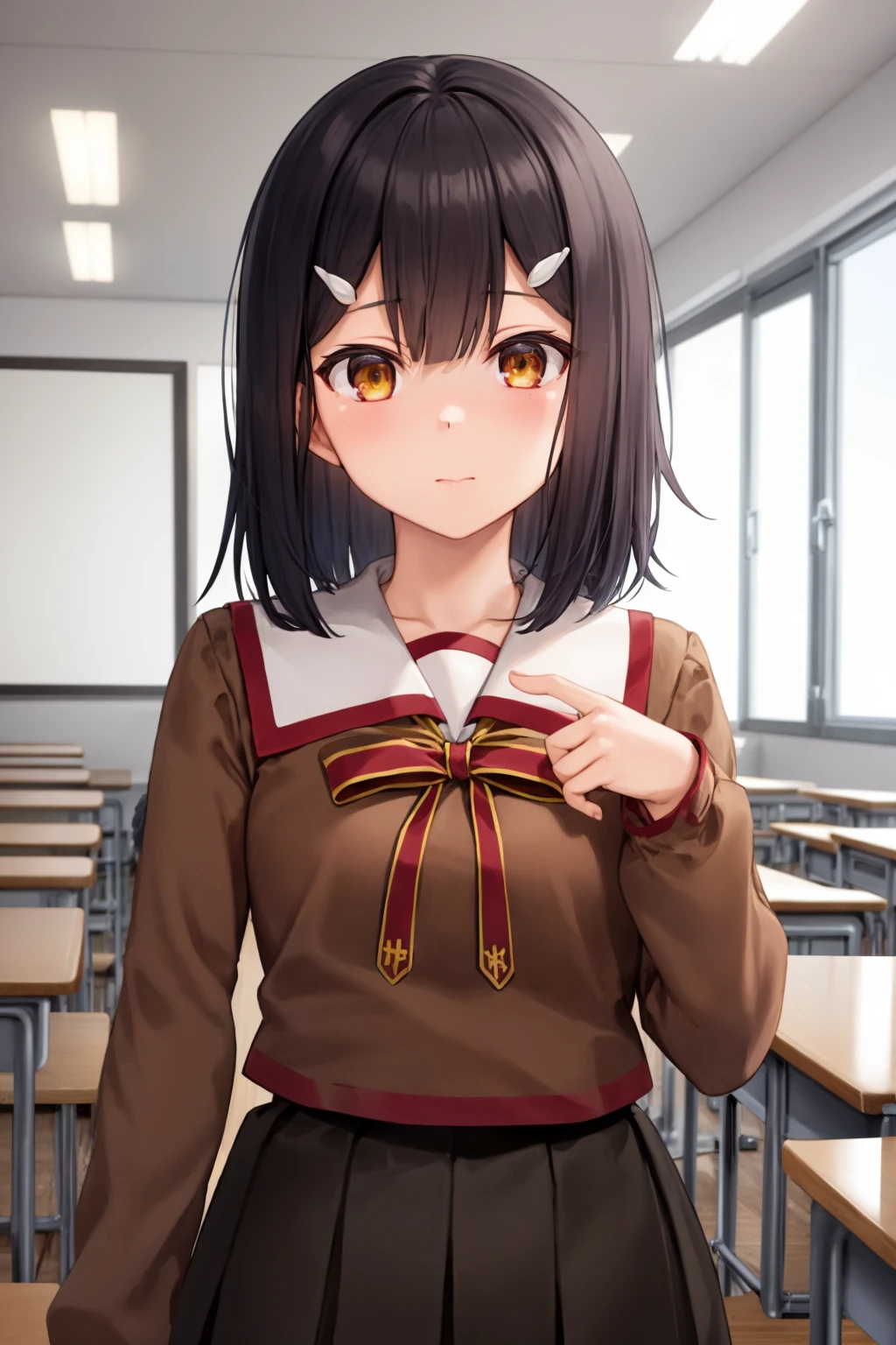 masterpiece, best quality, 1girl, miyuschoolb, black hair, brown eyes, hairclip, brown school uniform, long sleeves, black skirt, upper body, looking at viewer, solo, indoors, classroom background <lora:MiyuEdelfelt:1>