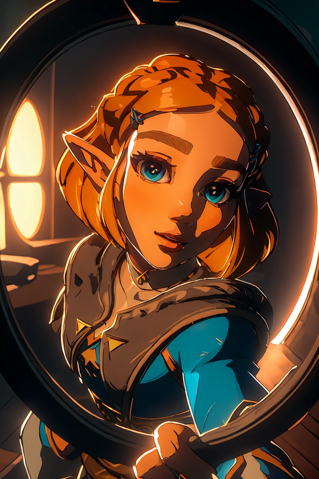(masterpiece, best quality:1.2), intricate details, centered, <lora:ringlightselfie:1> selfie, ring light reflection, ringlightselfie, light reflection in eye, looking at viewer,  <lora:zelda_shorthair_v5:1> zelda\(princess\), 1girl, hair_ornament, hairclip, blue_shirt