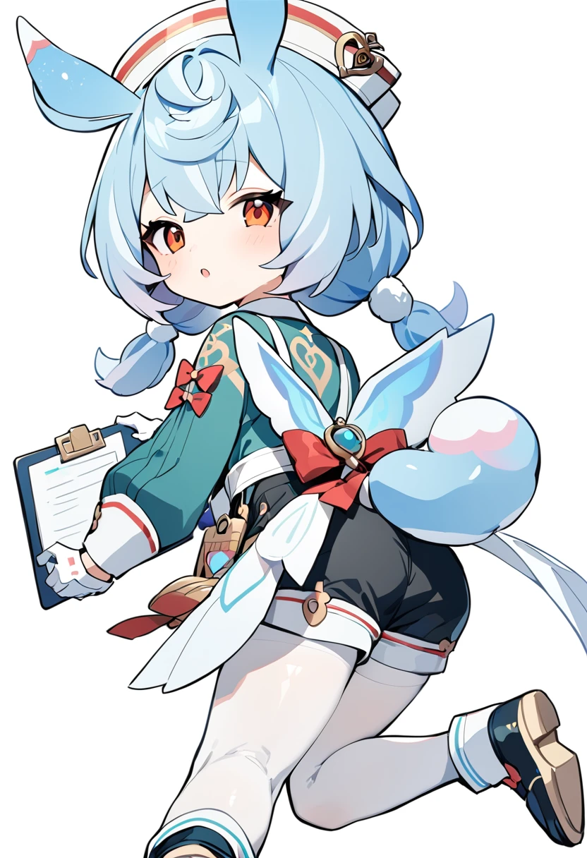 1girl, sigewinne \(genshin impact\), animal ears, white legwear, white gloves, looking at viewer, pantyhose, bandaid, white background, red eyes, holding, nurse cap, white headwear, full body, boots, blue hair, long sleeves, syringe, looking back, parted lips, clipboard, pill, ahoge, simple background, blush, shorts, twintails, white footwear, long hair, :o, shoe soles, shoes, from behind, low twintails, first aid kit, puffy sleeves, hair between eyes, short shorts, multicolored hair, jacket, eyebrows behind hair, short hair, chibi, eyebrows visible through hair, younger, red bow, hair ornament, orange eyes, thighhighs, solo, white pantyhose, white thighhighs, white apron, red bowtie, green shirt, black shorts, black footwear, white collar, collared shirt, white waist bow, white wings, mini wings, two-tone wings, aqua wings, white tail, aqua tail, two tone tail, masterpiece, best quality <lora:sigewinne_genshin_impact_sdxl_locon_v1:0.7>