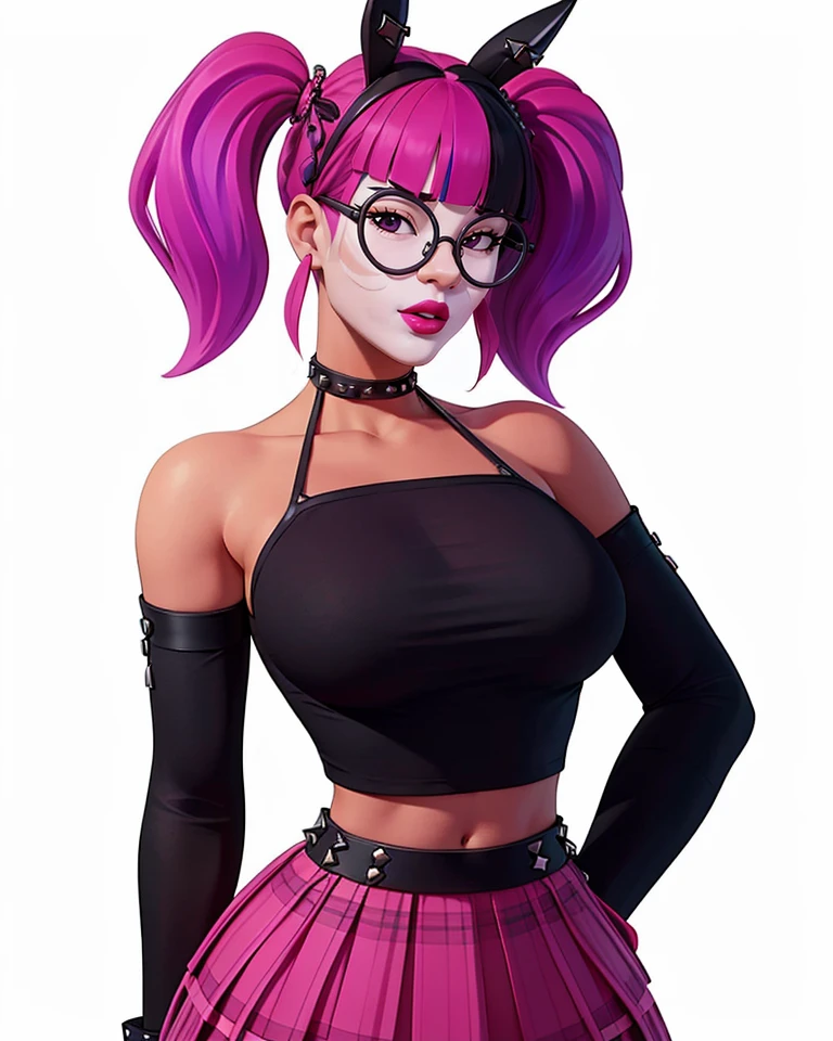<lora:VRAMsLace:0.6> vramslace, 1girl, black framed eyewear, multicolored hair, white facepaint, pink lipstick, twintails, pink hair, purple hair, blunt bangs, choker, studded, fake animal ears, midriff, detached sleeves, white background, plaid skirt, alternate costume