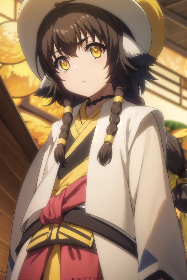 utawarerumonoanju, <lora:utawarerumono anju s2-lora-nochekaiser:1>,
anju, long hair, brown hair, black hair, animal ears, hair between eyes, (yellow eyes:1.5), braid, twin braids,
BREAK hat, robe, long sleeves,
BREAK outdoors,
BREAK looking at viewer, (cowboy shot:1.5),
BREAK <lyco:GoodHands-beta2:1>, (masterpiece:1.2), best quality, high resolution, unity 8k wallpaper, (illustration:0.8), (beautiful detailed eyes:1.6), extremely detailed face, perfect lighting, extremely detailed CG, (perfect hands, perfect anatomy),