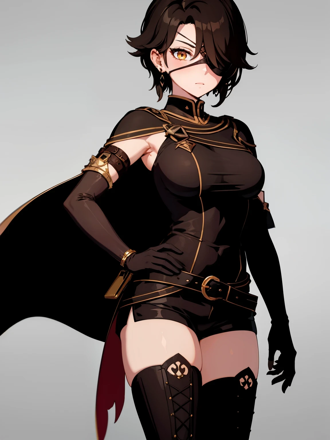 (masterpiecer, best quality, ultra-detailed), CinderFall, yellow eyes, short hair, black hair, hair over one eye, earrings, thighhighs, gloves, jewelry, shorts, black gloves, belt, thigh boots, bandages, black dress, black cape, eyepatch, standing, looking at viewer, solo