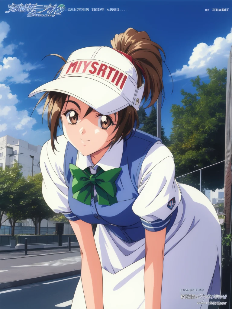 <lora:Kudanshita_Maeka:0.8>kudanshitamaeka, 1girl, solo, brown hair, visor cap, brown eyes, smile, short sleeves, outdoors, copyright name, day, 1990s (style), uniform, looking at viewer, green bow, high ponytail, waitress, holding, v arms, employee uniform, retro artstyle, logo, ground vehicle, leaning forward, bow, long hair, sky, ribbon,
masterpiece, high quality, very_high_resolution, large_filesize, full color,