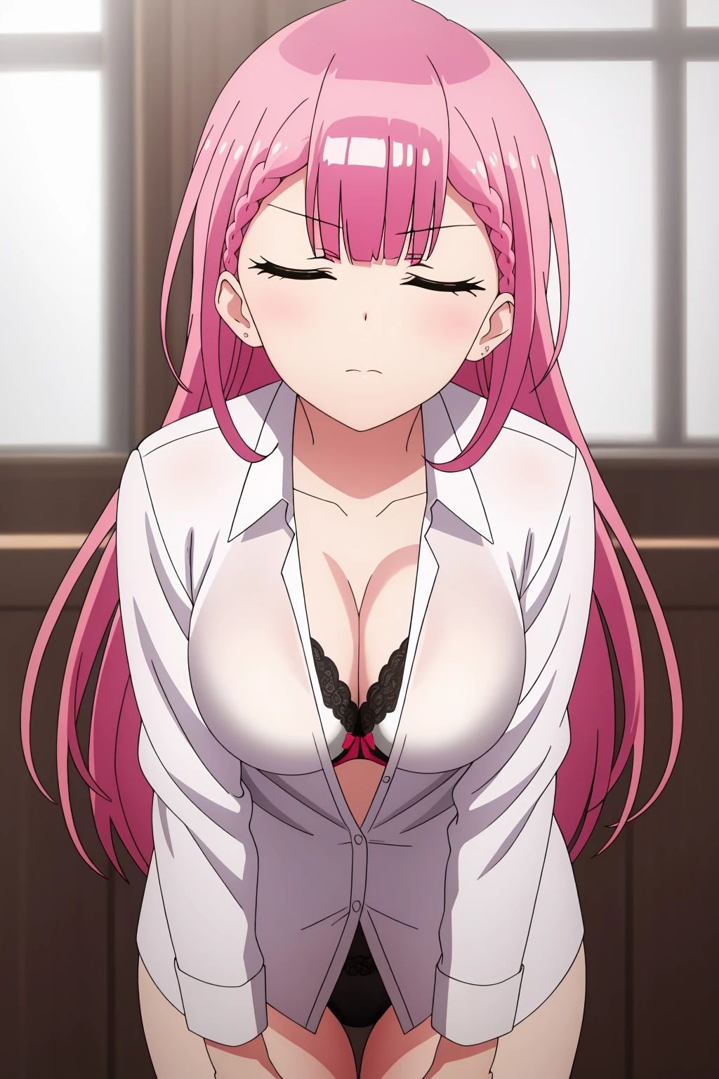 ((best quality)),((highly detailed)),masterpiece,absurdres,detailed face,beautiful face,(detailed eyes, deep eyes),1girl,((dynamic pose)) , <lora:MafuyuV1:0.7>,Mafuyu, underwear, long hair, red hair, solo, closed eyes, bra, shirt, breasts, cleavage, white shirt, braid, collarbone, standing, bangs, medium breasts, dress shirt, indoors, long sleeves, very long hair, closed mouth, collared shirt, window, facing viewer, thighs, large breasts, shiny hair, shiny, blunt bangs