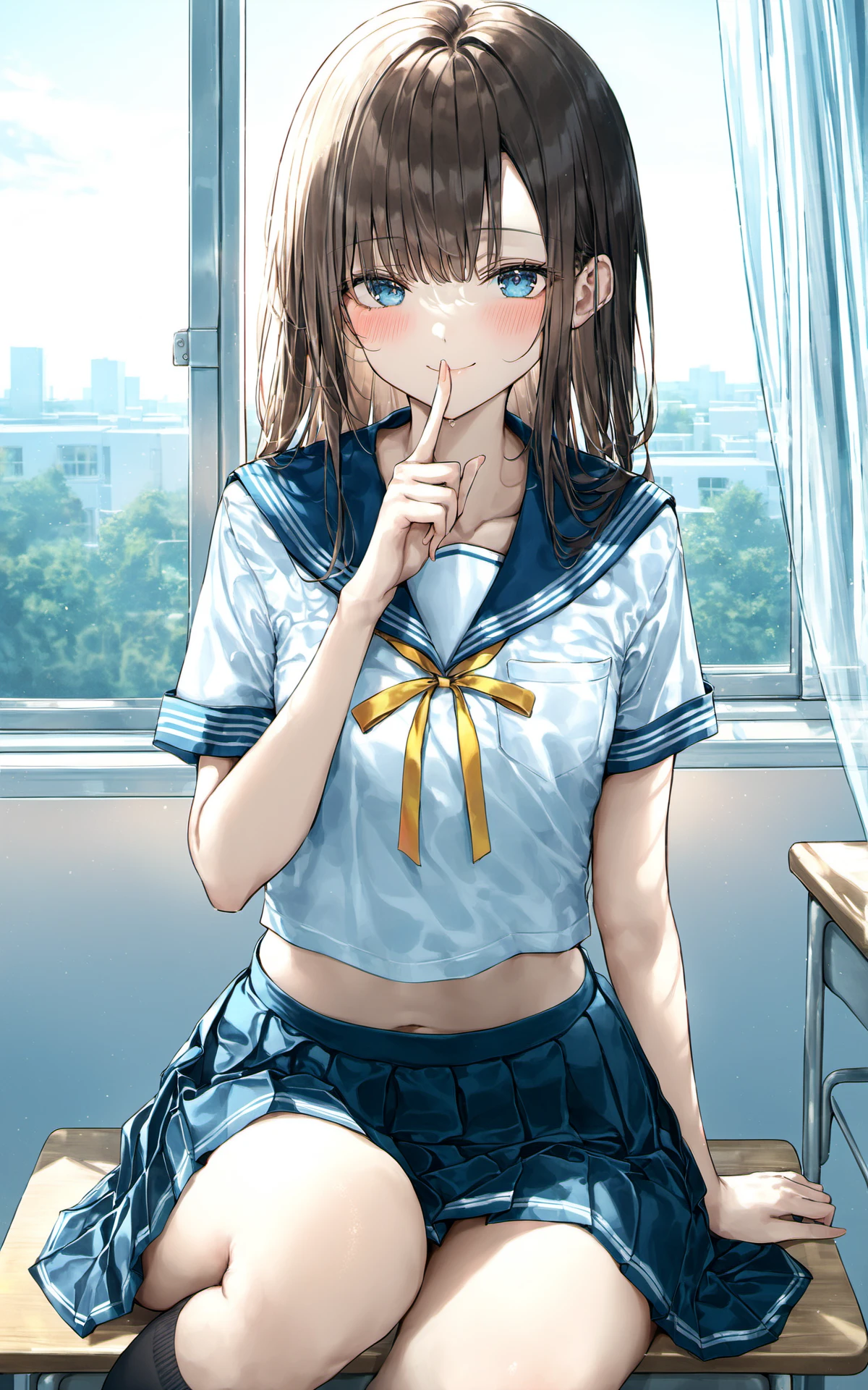 (masterpiece), (best quality),artist roha, 1girl, solo, school uniform, skirt, window, long hair, curtains, serafuku, blue eyes, looking at viewer, smile, ribbon, curtain grab, pleated skirt, blush, shirt, sitting, white shirt, yellow ribbon, short sleeves, sailor collar, blue skirt, bangs, neck ribbon, indoors, finger to mouth, midriff peek, socks, kneehighs, blue sailor collar, closed mouth, black hair, black socks, day, shushing, sky, classroom, brown hair,thighs,[artistä¸æ¸²äº],
