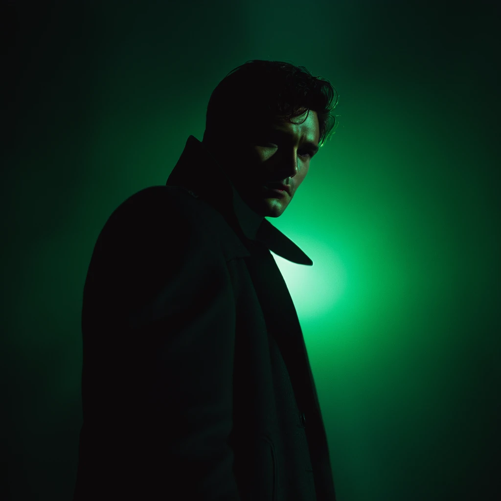 cinematic film still of <lora:Chiaroscuro Lighting Style:1>
from below, dramatic, cinematic, shadow, partially covered in shadow, a man holding a revolver gun in a dark room Chiaroscuro Lighting Style, solo, black hair, 1boy, holding, jacket, upper body, weapon, male focus, green neon light, green florescent, holding weapon, red spotlight, shallow depth of field, vignette, highly detailed, high budget, bokeh, cinemascope, moody, epic, gorgeous, film grain, grainy