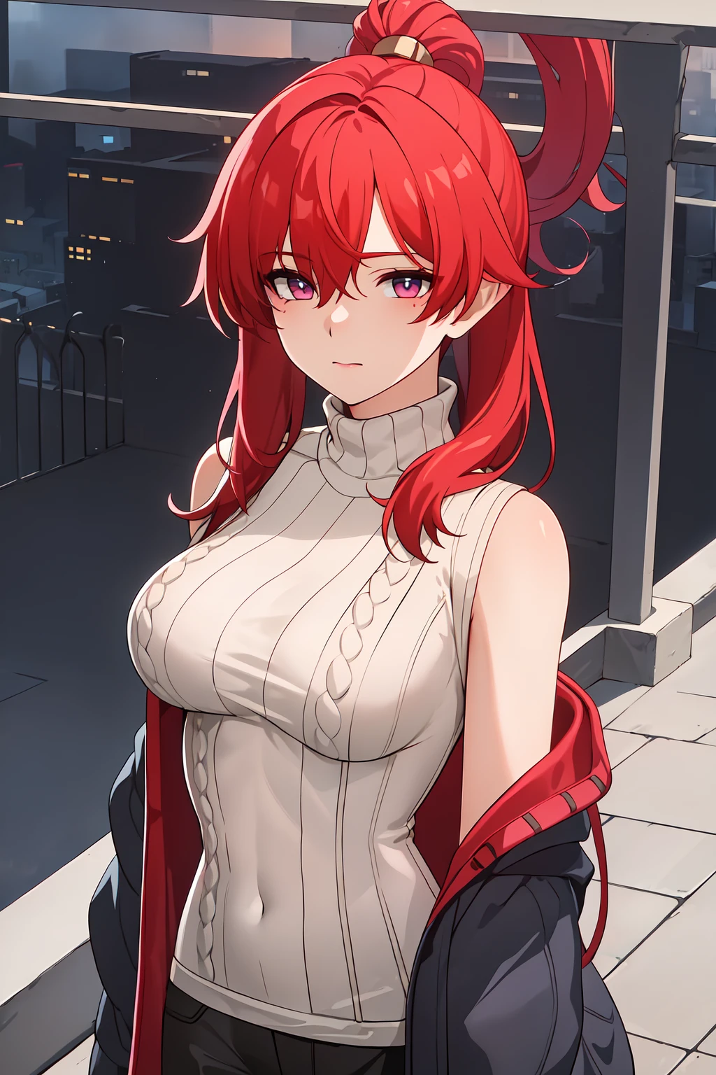 Large breasts, red eyeshadow, Shirt, Yellow eyes, red hair, Smile, Long hair, 1other, Hair between the eyes, looking to viewer, bangs, solo, fur-trim, closed mouth, androgynous, at street, colored eyelashes, Shiny hair, ((Masterpiece))