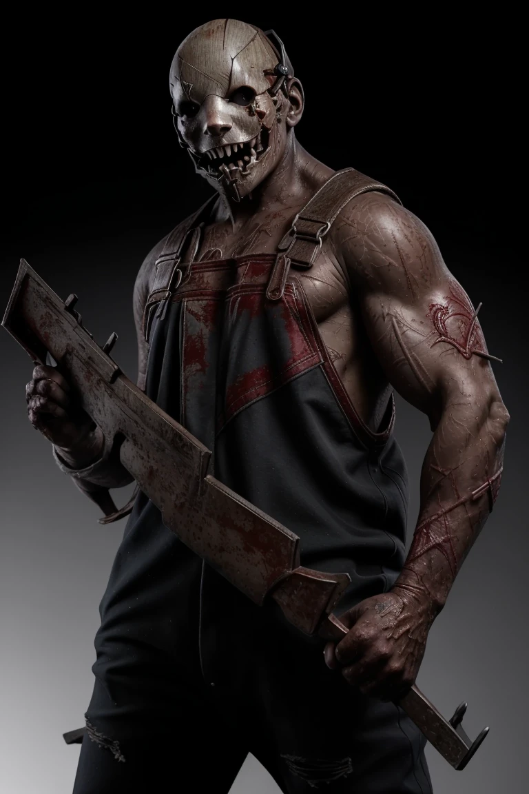 Zombie muscle strong body, villain, grip axe full size, blood in mouth, full body, full body view, sharp axe up,