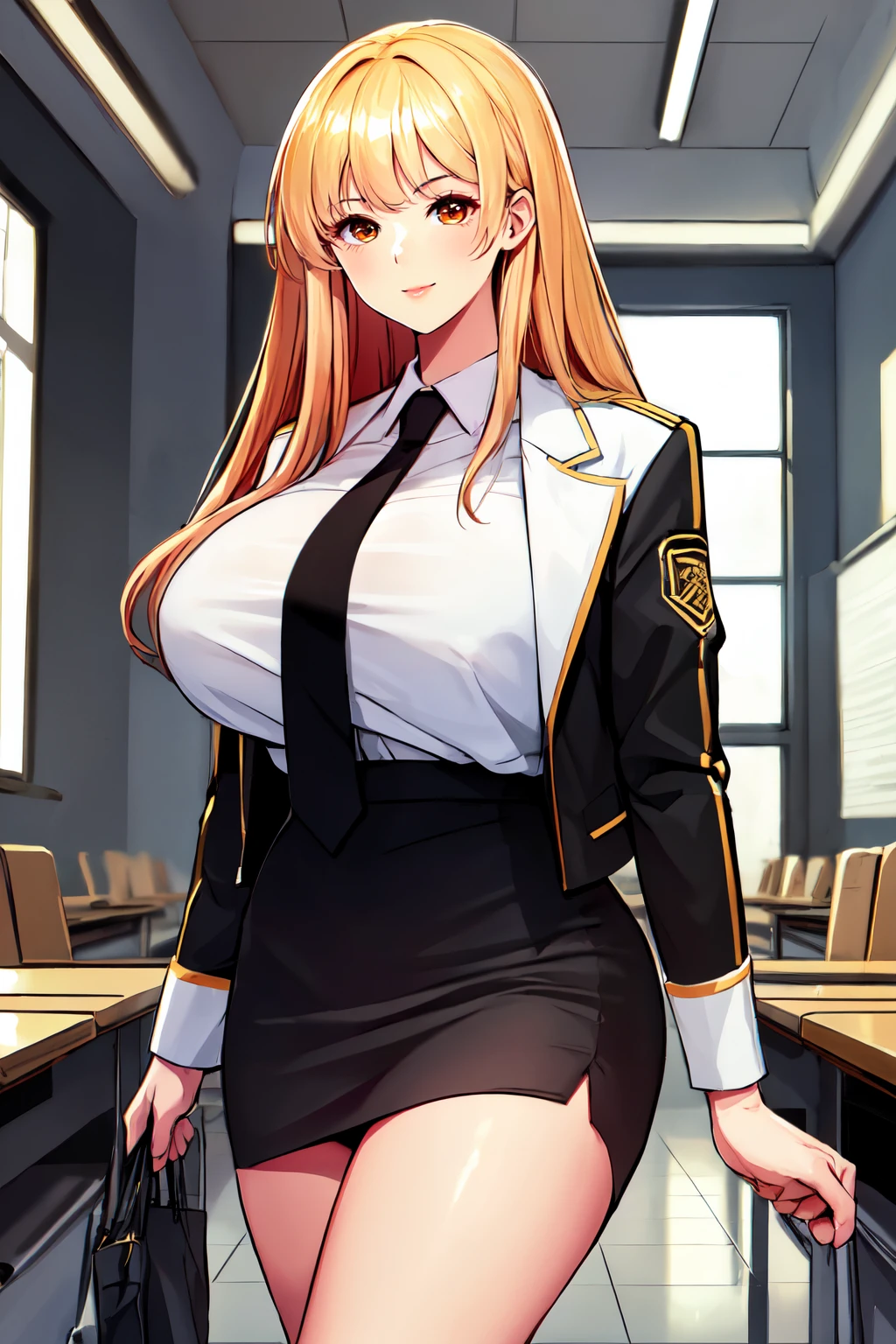 (upper body, a woman standing in a school, holding books), beautiful eyes, beautiful girl, high detail skin, high detail eyes, high detail hair, highres, ultra detailed, sharpen picture, Highly detailed, masterpiece, best quality, photorealistic,
<lora:SanSuyuLoRA:0.8> 1girl, long hair, bangs, black and white jacket, collared shirt, necktie, miniskirt, shoes, smile, best contrast, dim light, deep depth of field, diffused soft lighting, reflections:0. 3, hard lighting