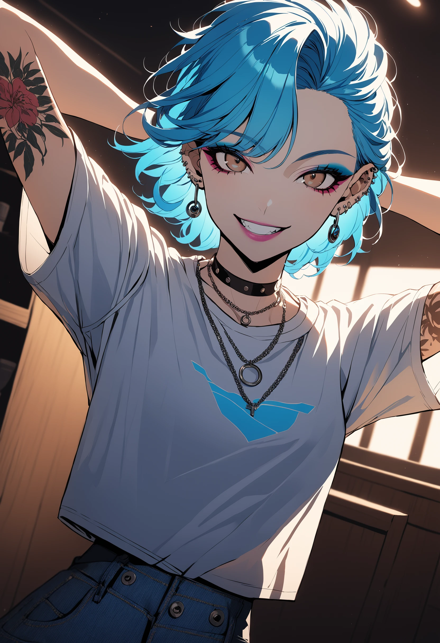1girl, Holo-Punk Style, aqua hair, arm tattoo, blue hair, brown eyes, earrings, eyelashes, grin, indoors, jewelry, lips, makeup, necklace, nose, piercing, shirt, short hair, short sleeves, smile, solo, t-shirt, tattoo, teeth, denim pants, white shirt, mohawk, arms behind head, cinematic angle, foreshortening, dark, dark background, cinematic lighting, masterpiece, best quality , <lora:HoloPunkXL:0.8>
