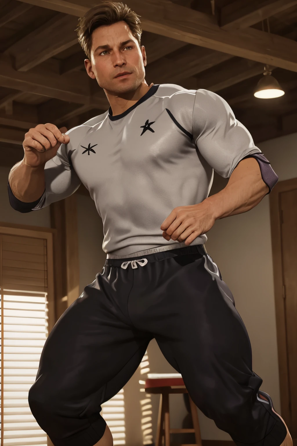 full body image of Johnny Cage,  1man,  sweatpants,  sportswear,  mature,  in a dojo,  training,  Handsome man,  full body,  photorealistic,  best quality,  real life,  RAW,  without noise,  clear,  high_resolution,  8K masterpiece,  photograph,  soft lighting,  realistic skin,  extremely detailed,  soft natural light,  reflected light,  highly detailed,  professional photography,  ultra sharp focus,  tetradic colors, johnny_cage_mk1,<lora:EMS-276104-EMS:0.800000>