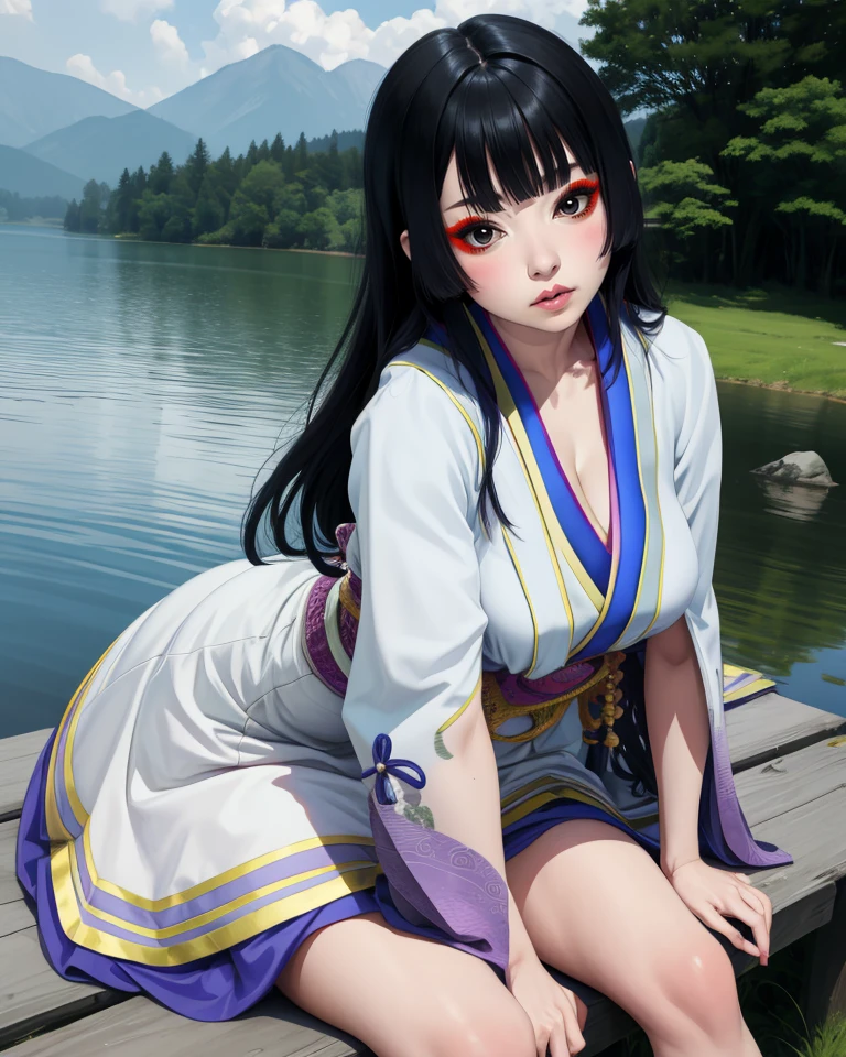 Kaguya,black eyes,black hair,long hair,pale skin,blunt bangs,makeup,
white dress,wide sleeves,
sitting,cleavage,blush,leaning forward,
springs,lake,japanese forest,
(insanely detailed, masterpiece, best quality),<lora:Kaguya:0.9>,