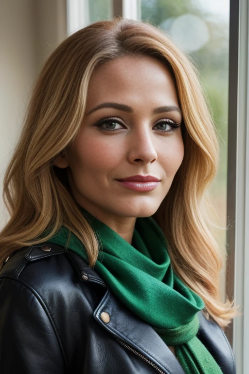 E1gAndTTXV1C,
a beautiful smiling woman wearing a black leather jacket and green scarf standing next to a window with a black jacket on her shoulders,
(professional photo shooting), (high buget photo), (extremely detailed skin), (flawless skin), (model pose), (highly detailed facial features),
(natural light), (high quality photography), (intricate details), (8k), (HDR), (sharp focus), (medium close-up)