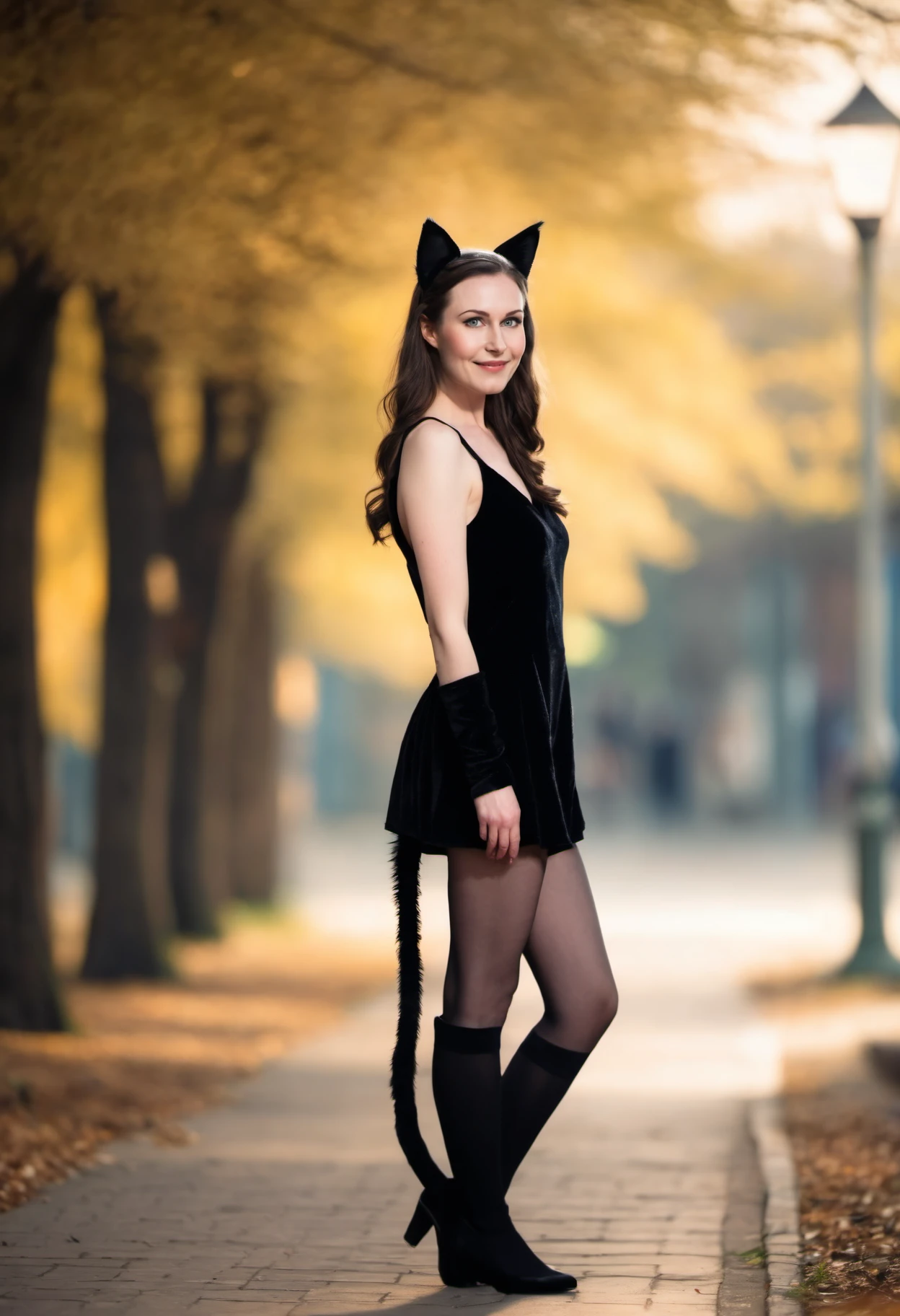 photo of beautiful young sanna_marin wearing a cat costume, cat ears, cat tail, cinematic lighting, bokeh, (full body), <lora:sanna_marin_sdxl_60:0.8>