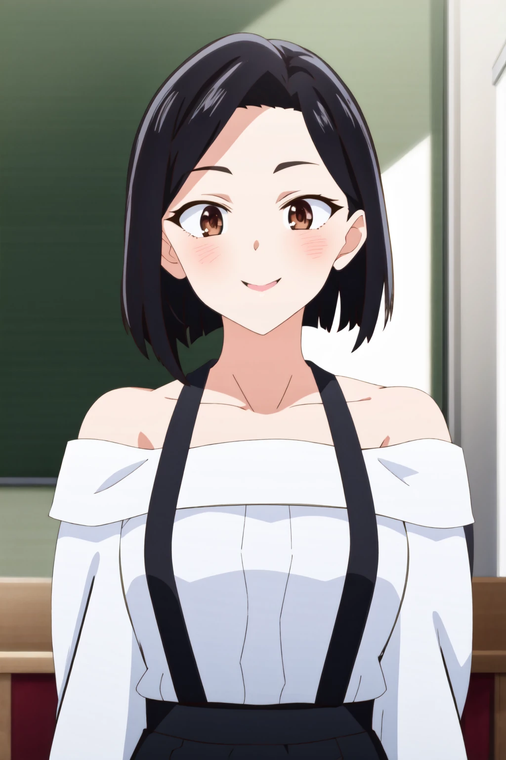 1girl, mature female, masterpiece, best quality, <lora:YamadaSanae-10:0.7> yasanae, off-shoulder shirt, suspender skirt, embarrassed, smile,