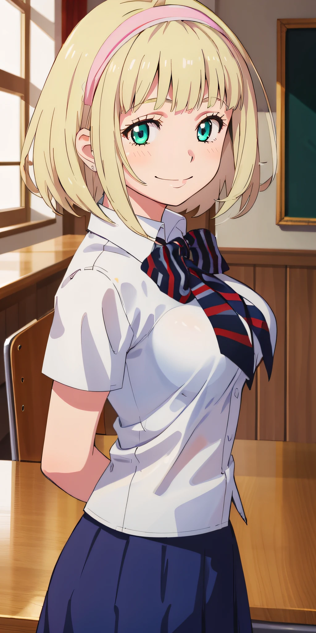 (score_9,score_8_up,score_7_up),(anime:1.2), looking at viewer, (contrasting colors, bright colors:1.1), 1girl, 1boy, dark skinned male, male head out of frame, groping, breast grab, ntr, netorare, blush, lathe male, size difference, (Hana_Midorikawa:1.2) , smile, school uniform, blunt bangs, yellow lipstick, eyelashes, (outside school, detailed background:1.2),