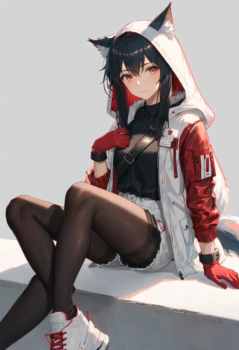 best quality, masterpiece, highres, solo, {texas_arknights:0.90}, 1girl, black_pantyhose, black_shirt, gloves, jacket, long_sleeves, looking_at_viewer, official_alternate_costume, open_clothes, open_jacket, pantyhose, shirt, shoes, sitting, sneakers, white_footwear, white_jacket, fur_trim, red_gloves, shorts, shoulder_strap, brown_eyes, closed_mouth, hood, short_shorts, white_shorts