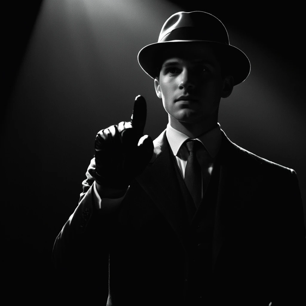 cinematic film still of  <lora:Low-key lighting Style:1>
dim light, low light, dramatic light, partially covered in shadow, a man in a suit and hat pointing at something Low-key lighting Style,solo,gloves,1boy,hat,monochrome,greyscale,male focus,necktie,formal,suit,pointing,fedora, shallow depth of field, vignette, highly detailed, high budget, bokeh, cinemascope, moody, epic, gorgeous, film grain, grainy