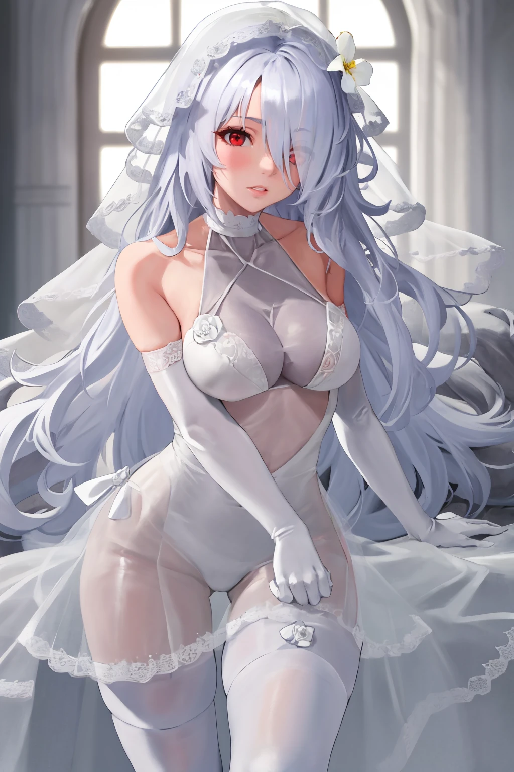 masterpiece, best quality, 1girl, solo, <lora:pk-gfl-richy-v1:1> pkbride, hair over one eye, red eyes, bridal veil, wedding dress, halterneck, elbow gloves, white gloves, white pantyhose, white corsage