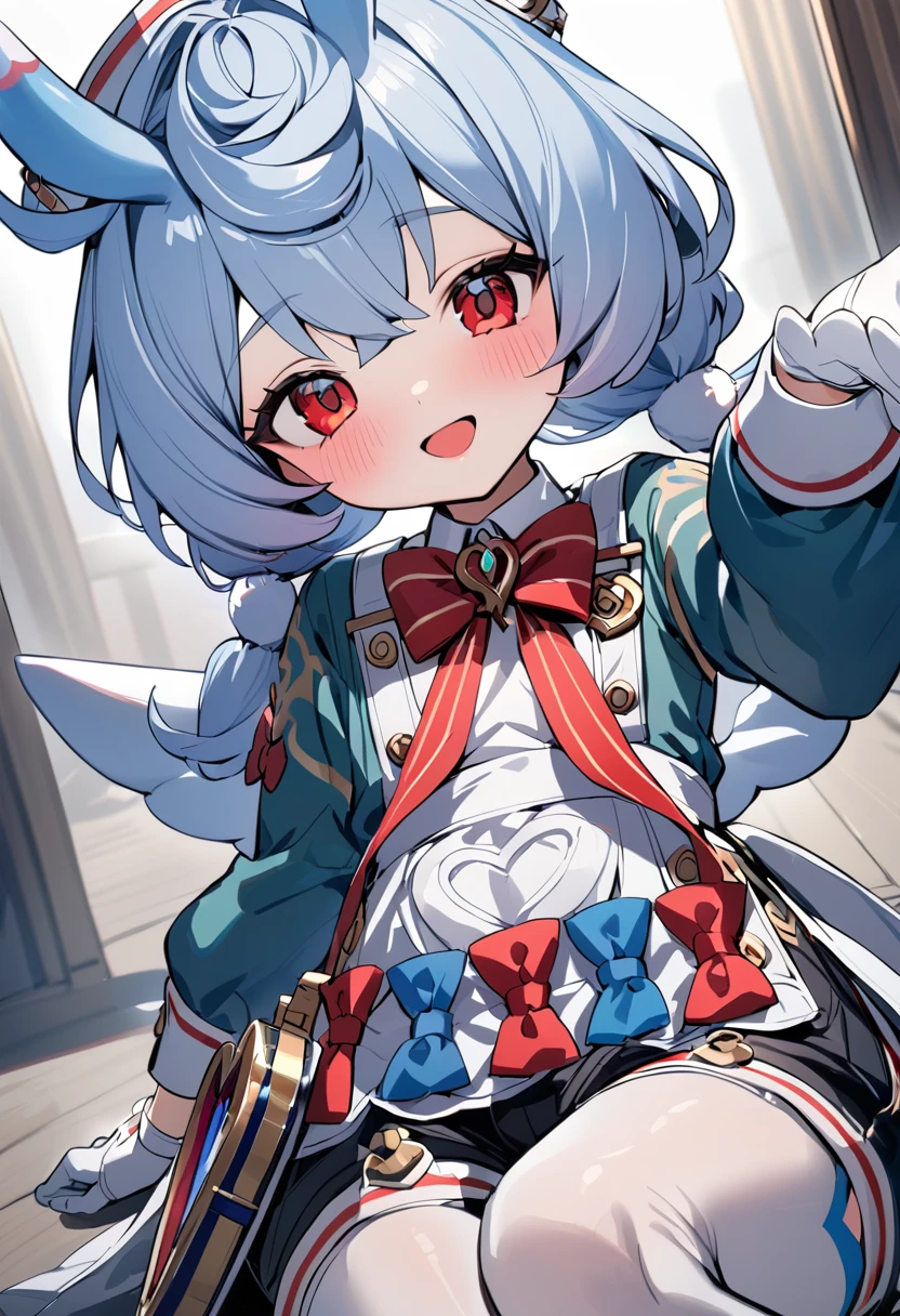 1girl, sigewinne \(genshin impact\), red eyes, blush, white gloves, white legwear, looking at viewer, smile, open mouth, grey background, twintails, horns, simple background, long sleeves, low twintails, sitting, white hair, red bow, short twintails, pantyhose, short hair, depth of field, white dress, blurry foreground, silver hair, long hair, :d, bowtie, hair ornament, hair between eyes, hand up, thighhighs, braid, low wings, head tilt, red neckwear, reaching out, dutch angle, striped, blue hair, brooch, glint, shirt, white thighhighs, solo, reaching towards viewer, red bow on apron, blue bow on apron, white apron, red bowtie, green shirt, black shorts, heart-shaped bag, white collar, collared shirt, white waist bow, white wings, mini wings, apron bow, masterpiece, best quality <lora:sigewinne_genshin_impact_sdxl_locon_v1:0.7>