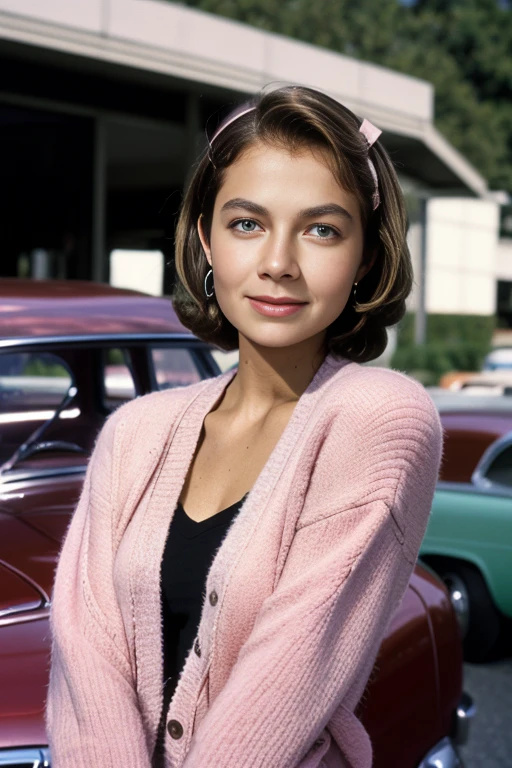 ju5tin3b4t3m4n, full body, brown hair, green eyes, outside 1950's drive in restaurant, posing in the parking lot, 1950's style cars in the background, pink cardigan, white blouse, hairclip, upper body, <lora:Justine_Bateman_PMv1_Lora:1.3>,, RAW candid cinema, 16mm, color graded portra 400 film, remarkable color, ultra realistic, textured skin, remarkable detailed pupils, realistic dull skin noise, visible skin detail, skin fuzz, dry skin, shot with cinematic camera, ((Cinematic Still-Shot)), detailed skin texture, (blush:0.5), (goosebumps:0.5), subsurface scattering