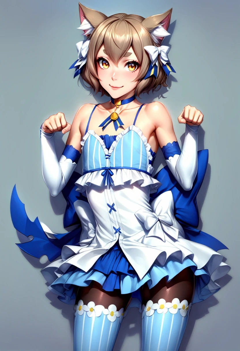 solo, male focus, 1boy, felix argyle, otoko no ko, smile, looking at viewer, paw pose, hair bow, dress, striped, ribbon, detached sleeves, pantyhose, blue choker, tail, collarbone, bare shoulders <lora:rezero_felixargyle_xl-000004:1>
